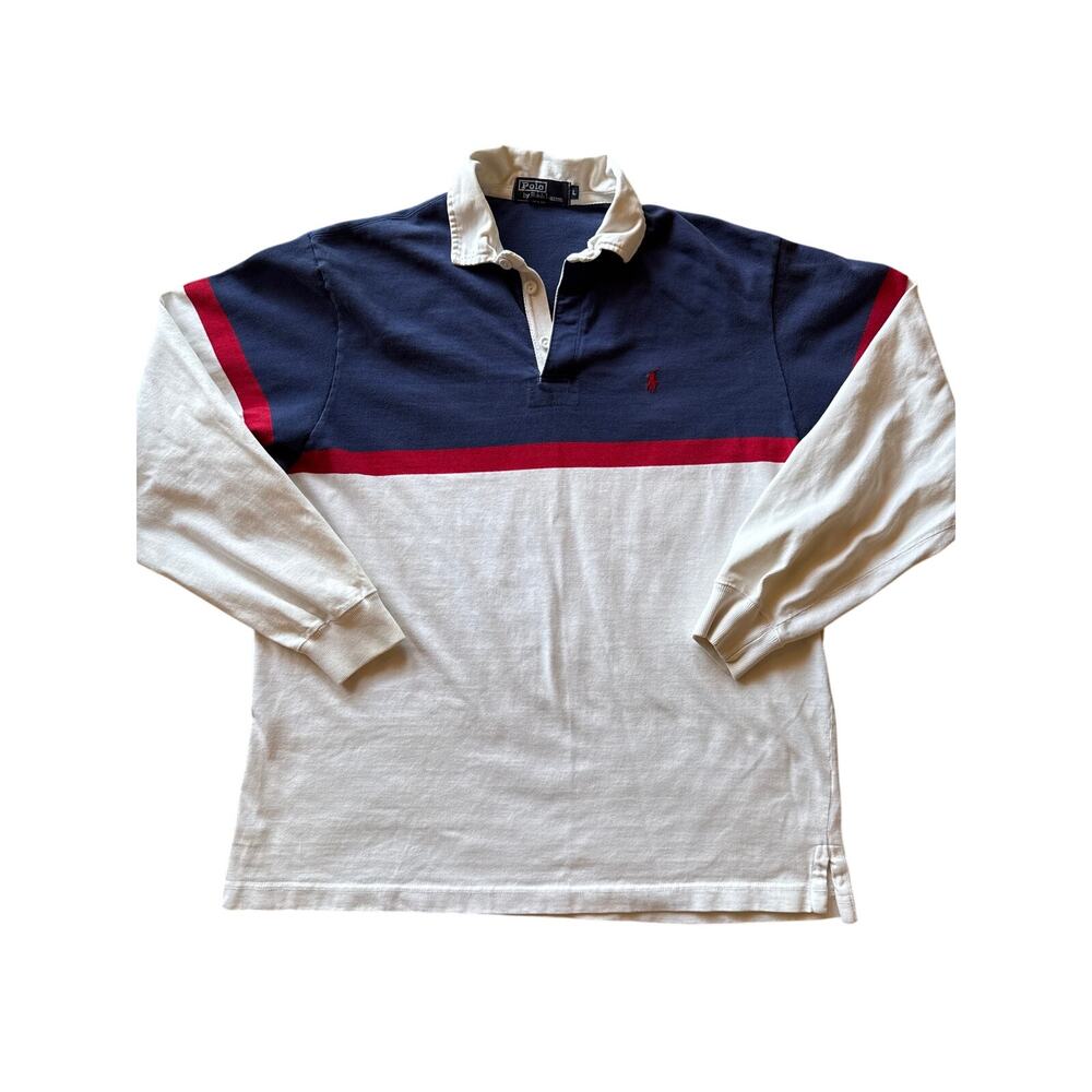 Vintage Polo by Ralph Lauren USA Made Large White Navy Red Striped Cotton Rugby